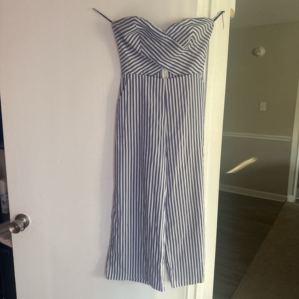 Forever 21 Navy and White Striped Strapless Jumpsuit
